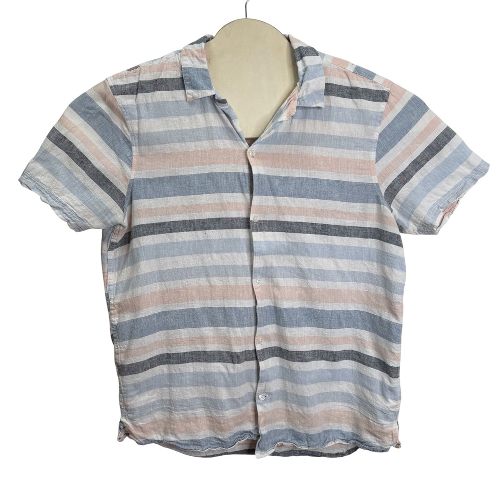 Montauk Linen by Essex Crossing Mens Striped Short Sleeve Shirt Blue Pink Large